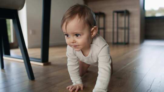 婴儿，婴儿，爬行，镶木地板