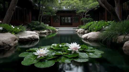 唐风庭院荷塘月色静谧美好