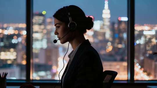 戴耳机女性于办公室工作场景