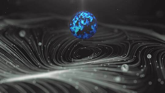暗黑抽象的蓝色星球在粒子线条的轨迹上旋转