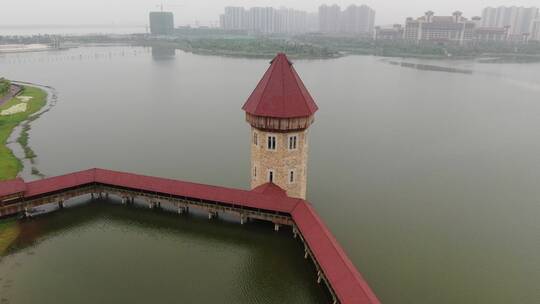 航拍南昌九龙湖湿地公园栈道邮局视频素材模板下载