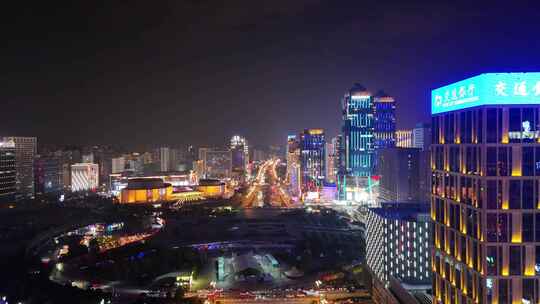 西宁海湖新区海湖广场西宁CBD夜景航拍