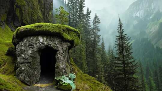 长满青苔的山间石屋景象