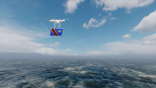 无人机悬挂刚果民主共和国国旗飞越海洋