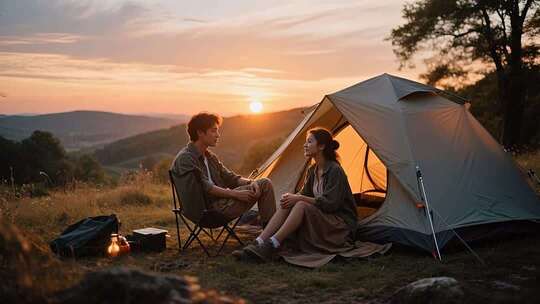 情侣户外露营夕阳场景
