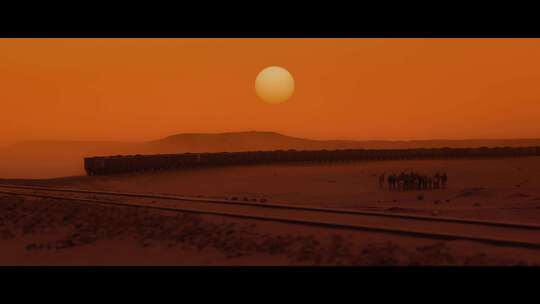FPV无人机航拍火车行驶在沙漠中日出日落