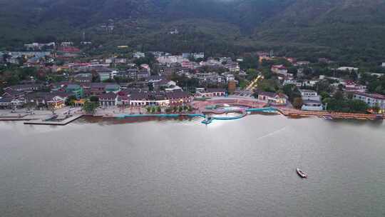 西昌邛海湿地公园月亮女神黄昏夜景航拍实时