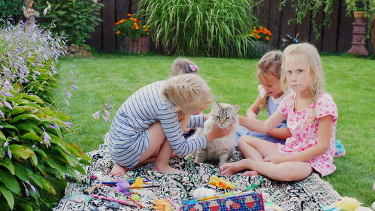 孩子们在院子里和猫玩耍视频素材模板下载