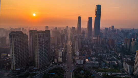 湖南长沙九龙仓地标景点日出航拍延时摄影