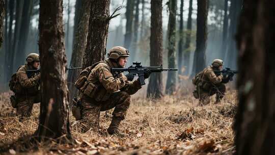 森林中士兵持枪作战素材