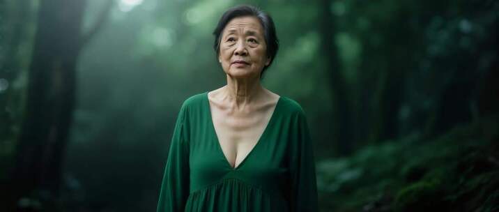 森林中身着绿衣的老年女性