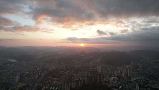 山川城市日出彩霞航拍