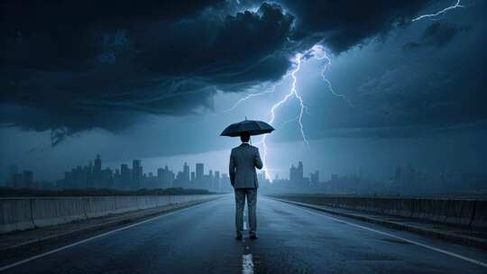 雨天男人背影撑伞行走孤独意境画面