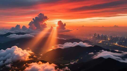 航拍落日晚霞延时 云 丁达尔效应4K