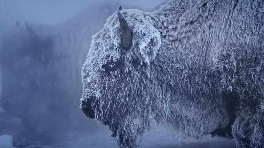 森林野牛牛群雪天雪地雪景温泉