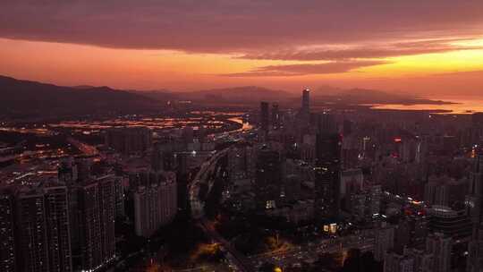 深圳罗湖深圳河落日晚霞城市夜景