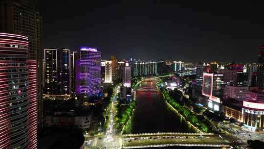 航拍浙江宁波城市夜景奉化江江夏桥