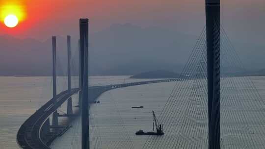 航拍珠海金湾高栏港大桥日落晚霞4k