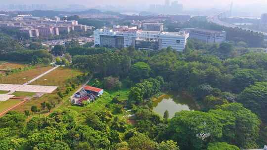 大学城广州市档案馆航拍广东番禺区城市风景视频素材模板下载