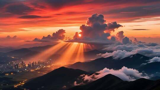 航拍落日晚霞延时 云 丁达尔效应4K