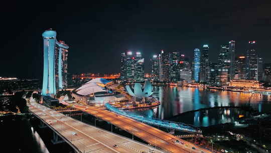 电影航拍空镜新加坡滨海湾CBD高级纯净夜景