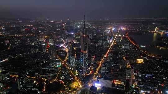 江苏南京CBD紫峰大厦建筑群夜景航拍