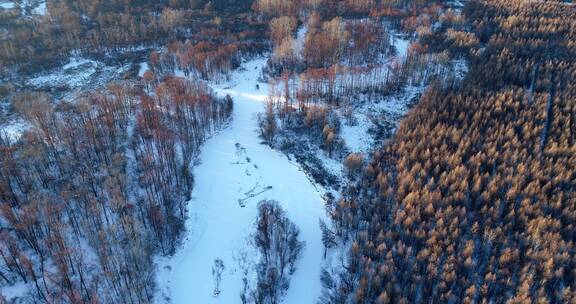 航拍大兴安岭冻土地带疏林湿地雪景