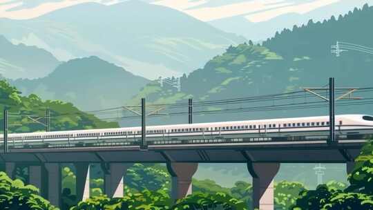 动漫风格高铁穿行山间