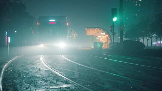 夜晚地铁高铁列车路面出入站台大雾