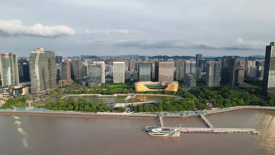 钱塘江上航拍杭州滨江城区现代城市建筑