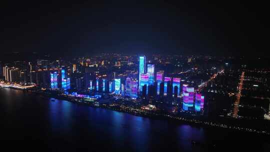 长沙湘江两岸夜景湖南金融广场灯光风光航拍