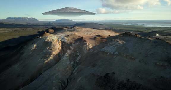 空中飞碟飞越火山间歇泉山