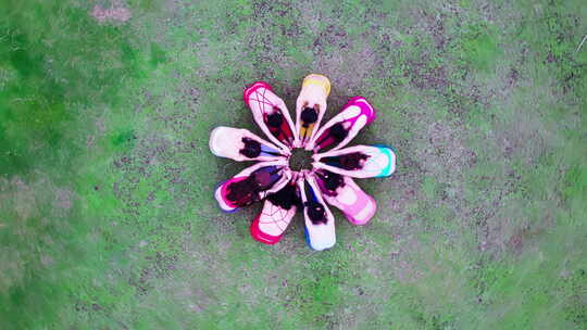 多人女性在草地上组成圆圈做瑜伽造型航拍4K