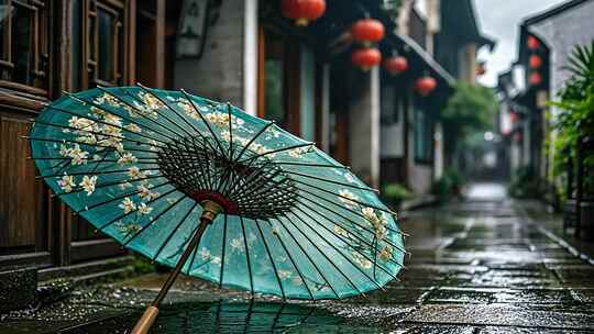 烟雨江南小镇 雨中花伞