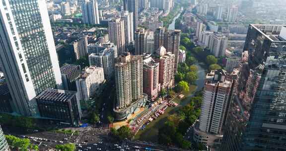 航拍成都东门大桥锦江码头河道高楼城市