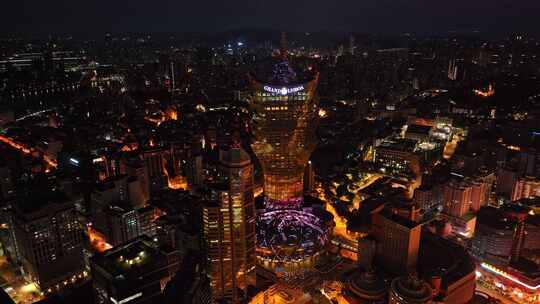 澳门半岛新葡京澳门塔CBD日出夜景高空航拍