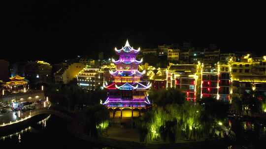 贵州黔东南镇远古镇夜景灯光航拍