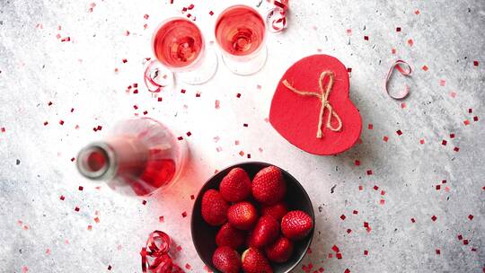 一瓶玫瑰香槟酒杯配有新鲜草莓和心形礼物