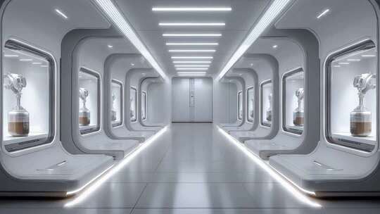 未来实验室白色走廊的科技感展示