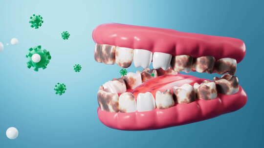 人类牙齿和病毒，口臭，口腔卫生，3d渲染