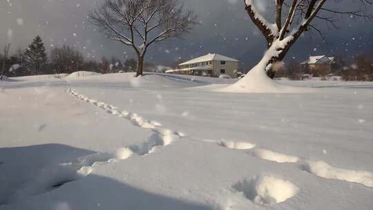 雪地足迹与远处房屋雪景