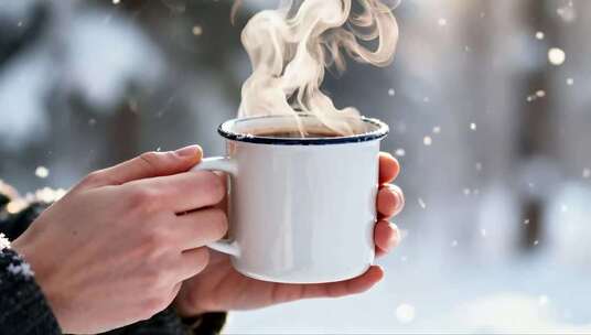 手持热饮在雪景中