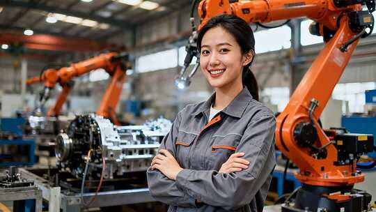 工厂女工人与机械臂合影