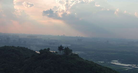 航拍武汉灵泉寺山峰亭台晚霞大远景