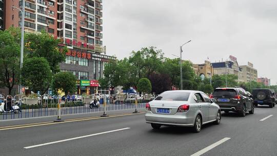 城市道路建筑春天花草树木商铺店面马路汽车