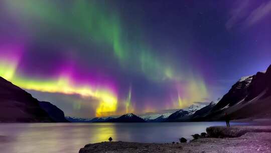 湖边观赏极光的人