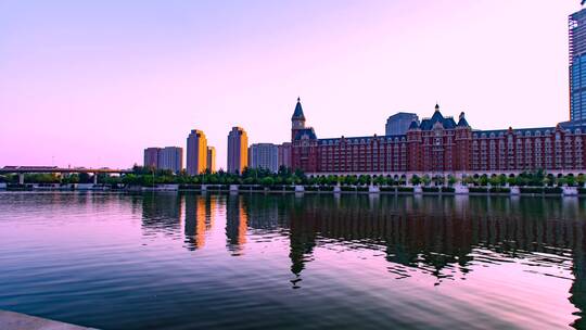 天津地标海河风光海津大桥城市建设车流夕阳