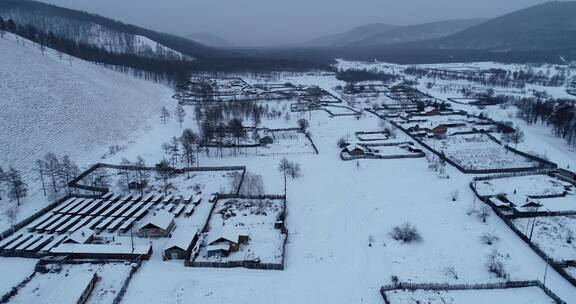 航拍大兴安岭林场山村雪景