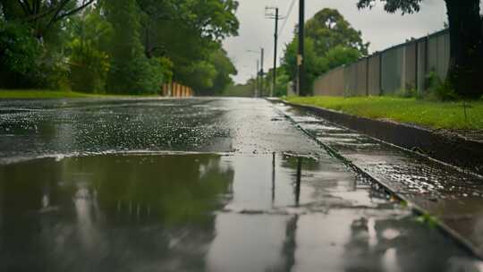 春天雨天路边景象