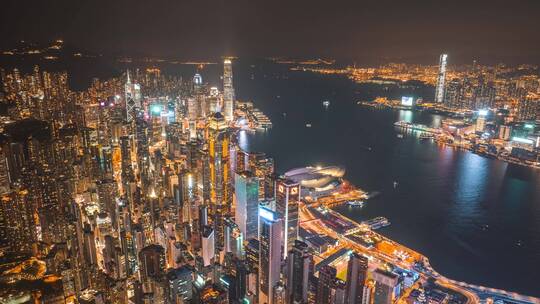 航拍香港岛繁华夜景大范围延时